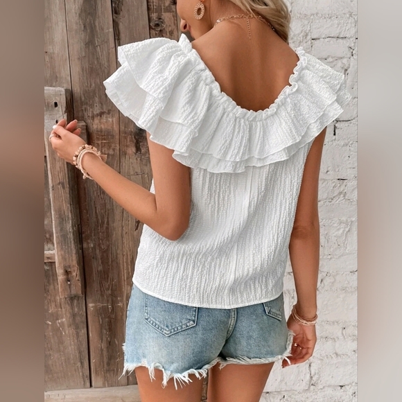 New Boho Textured Ruffle Top Blouse On / Off Shoulder White - Picture 6 of 9